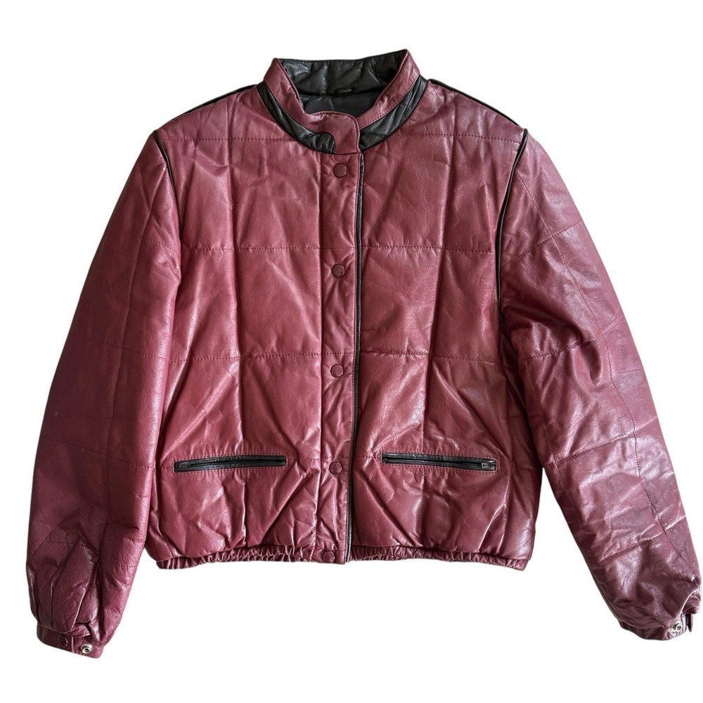 Vintage 100% Leather Racing Bomber Jacket Size Small Medium Quilted Burgundy Red